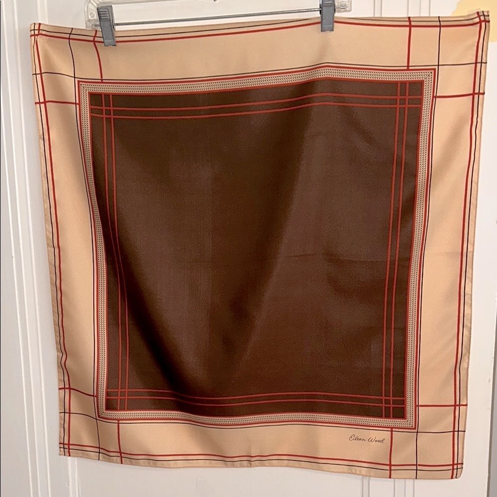 Vintage 70s/80s Eileen Wood Brown,‎ Orange & Tan Large Square Polyester Scarf
